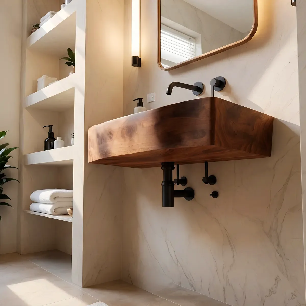Integrated Wall Mounted Bathroom Sink | Elongated Floating Basin with Curved Edge TT006-3YIZ5ZH