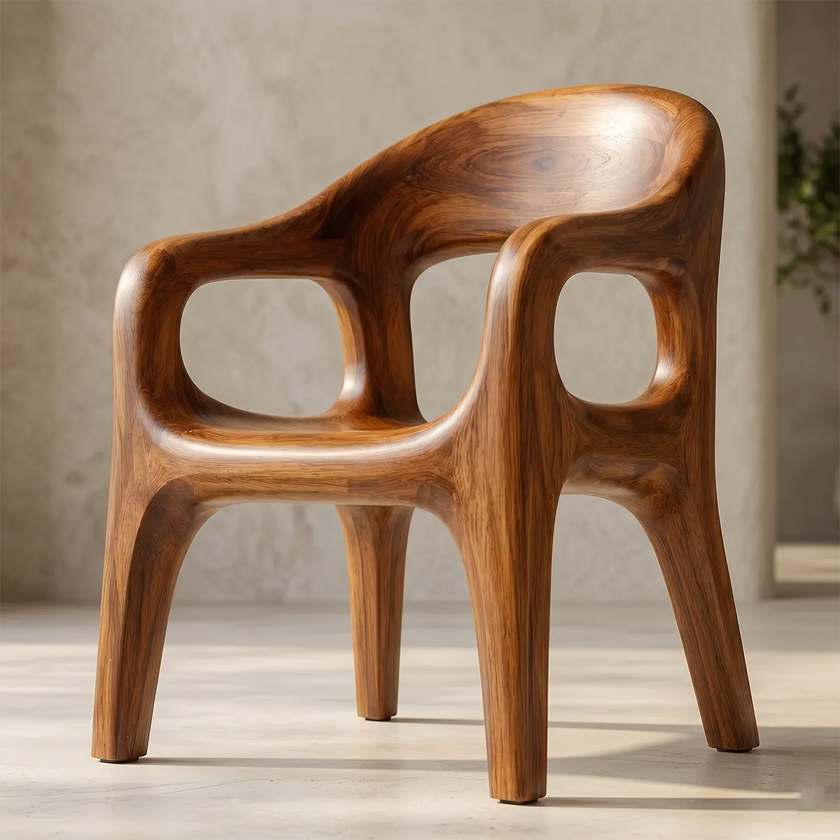 Organic Modern Wooden Dining Chair, Sculptural Solid Wood Accent Chair with Curved Arms TT006-2382