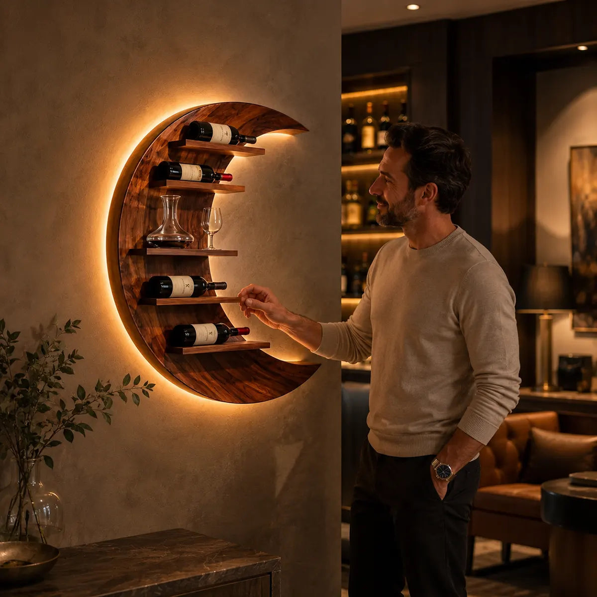 Crescent Moon Solid Wood Wall Wine Rack for Home Bars & Wine Lovers TT006-2517