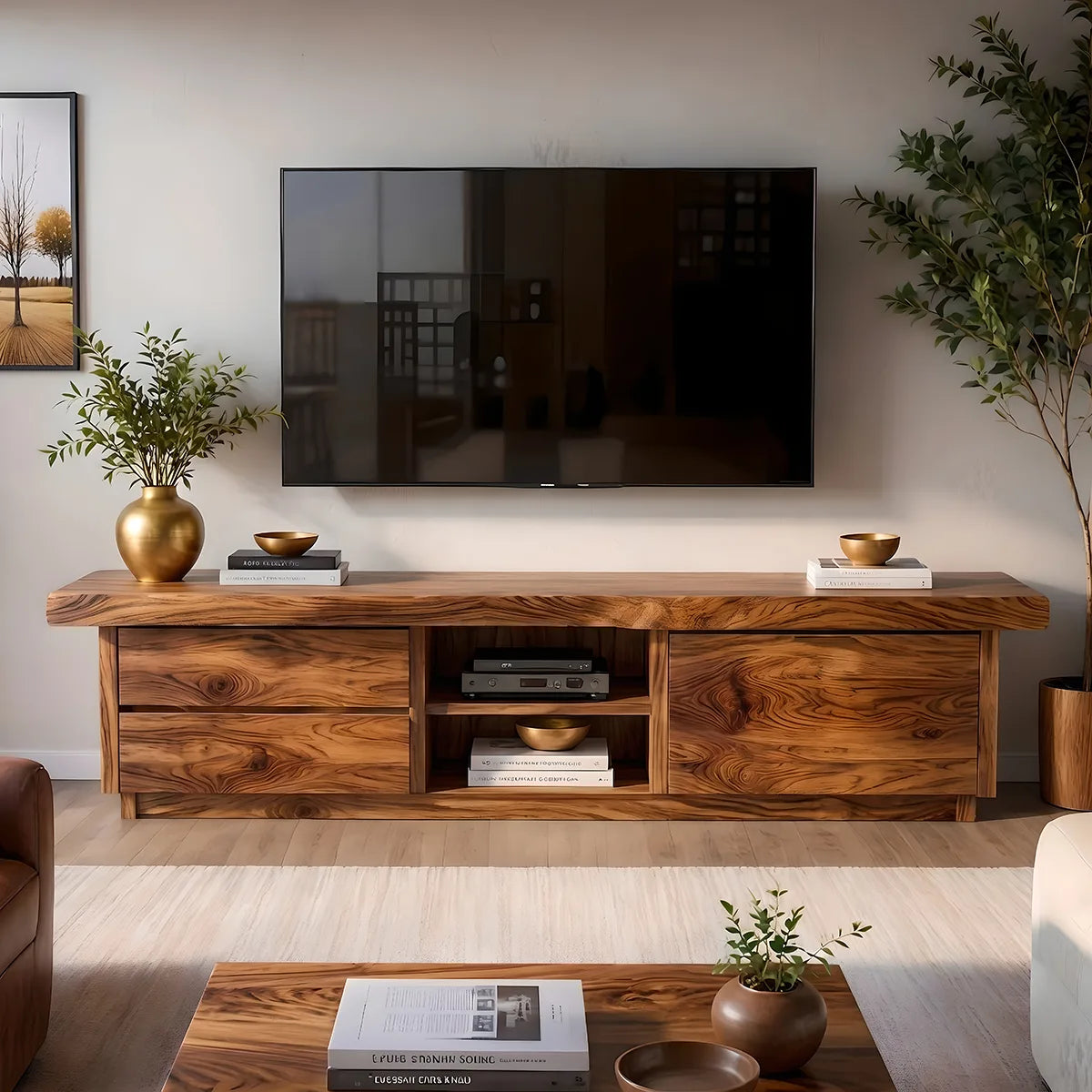 Modern Solid Wood Asymmetrical TV Stand with Mixed Storage