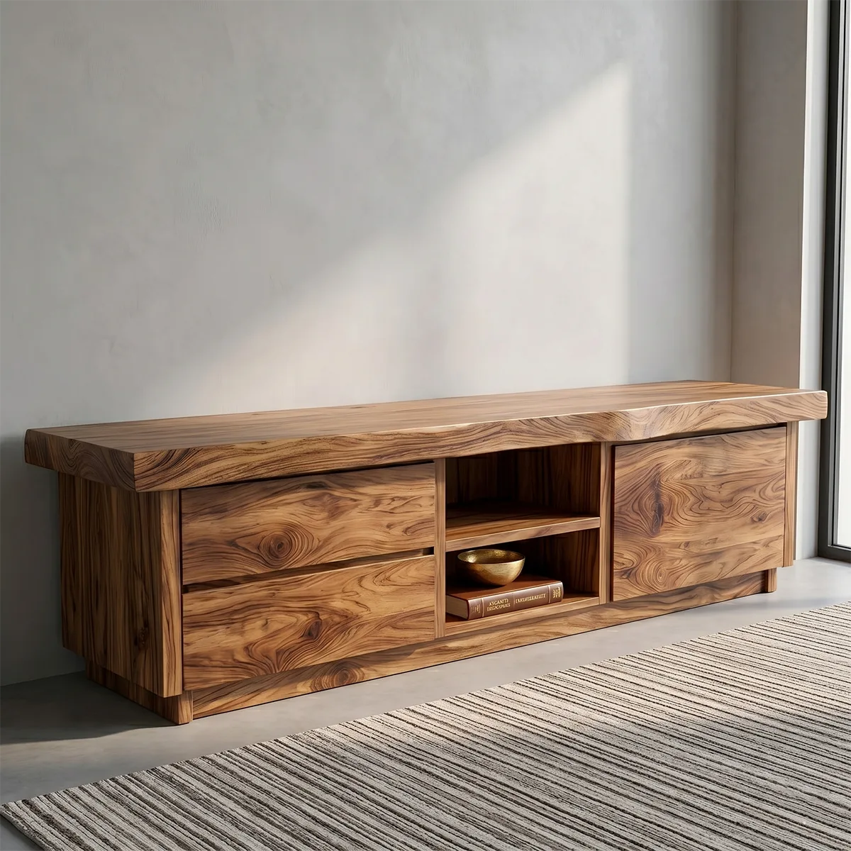 Modern Solid Wood Asymmetrical TV Stand with Mixed Storage
