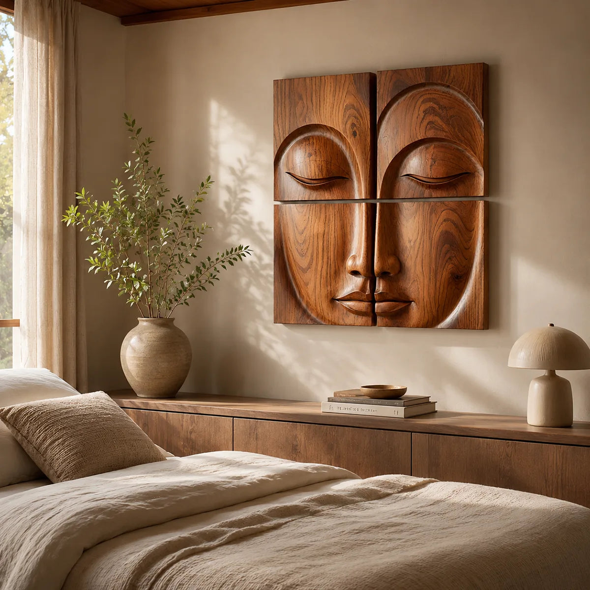 Abstract Wooden Face Wall Art | Large 4 Panel Hand Carved Wood Sculpture TT006-3622