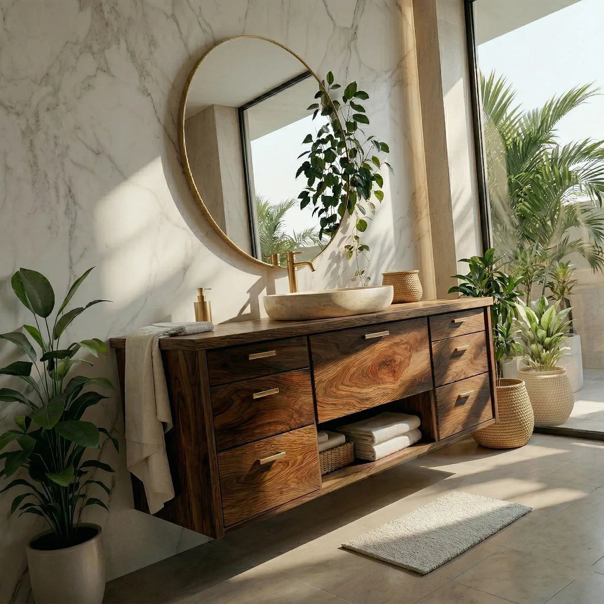 Floating Solid Wood Bathroom Vanity with 7 Drawers and Open Center Shelf