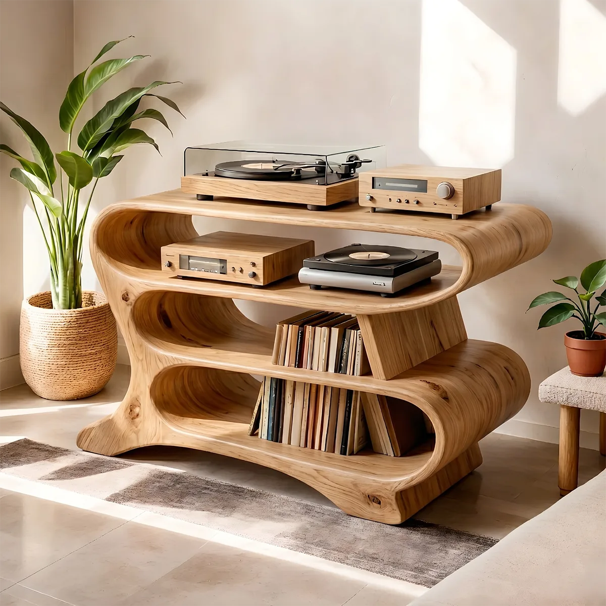 Solid Wood Record Player Stand, Wave-Shaped Curved Vinyl Storage Cabinet