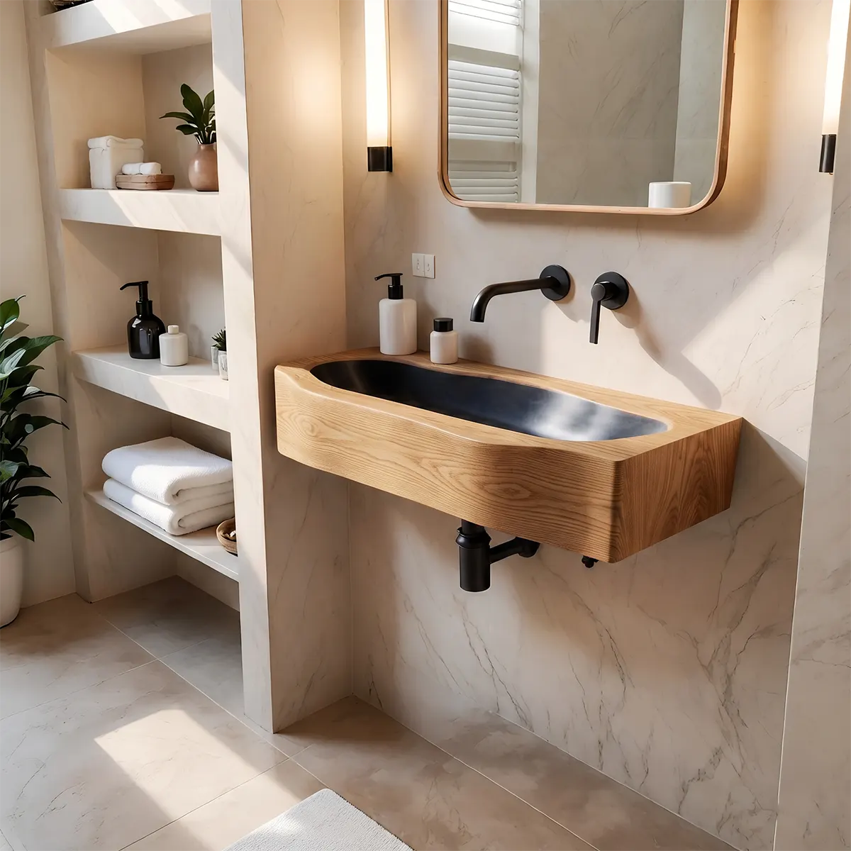 Integrated Wall Mounted Bathroom Sink | Elongated Floating Basin with Curved Edge TT006-3YIZ5ZH