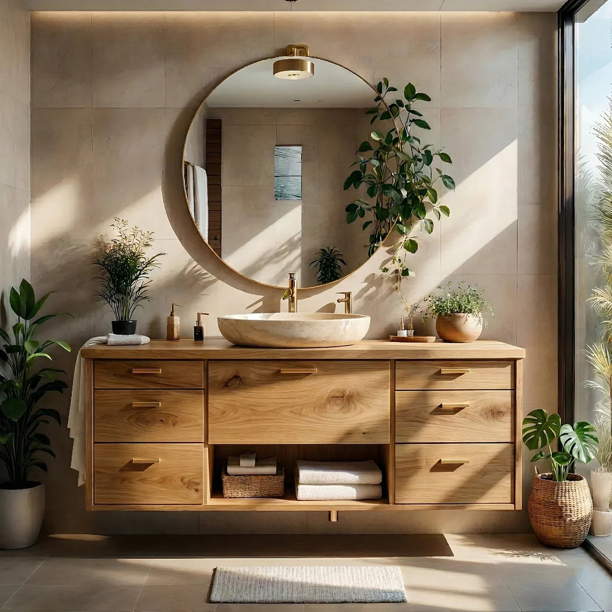 Floating Solid Wood Bathroom Vanity with 7 Drawers and Open Center Shelf