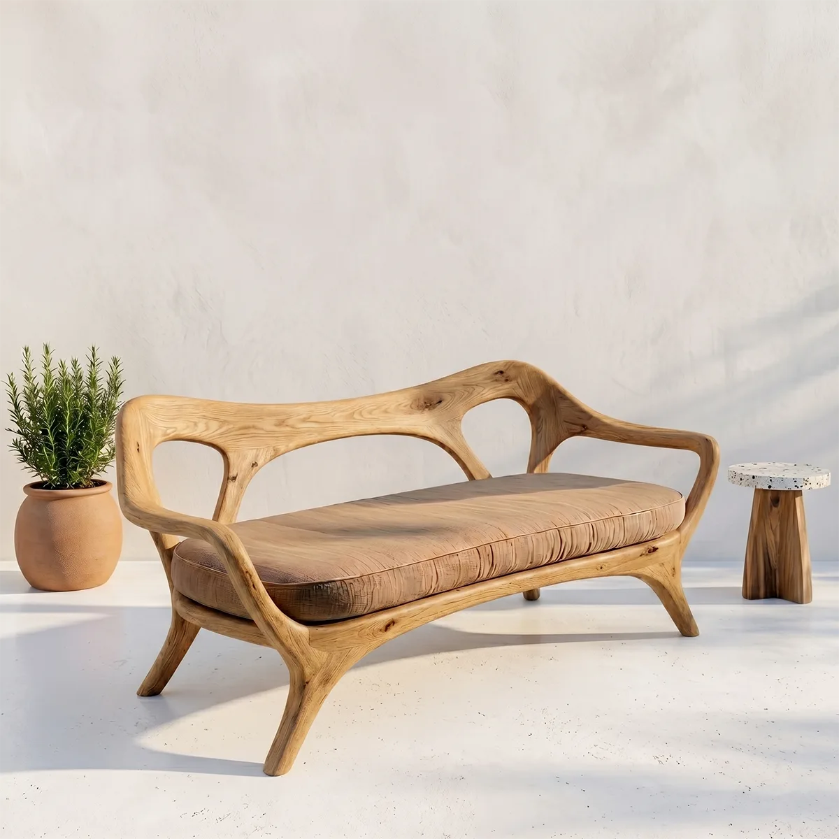 Luxury Organic Modern Outdoor Solid Wood Sofa with Sculptural Backrest