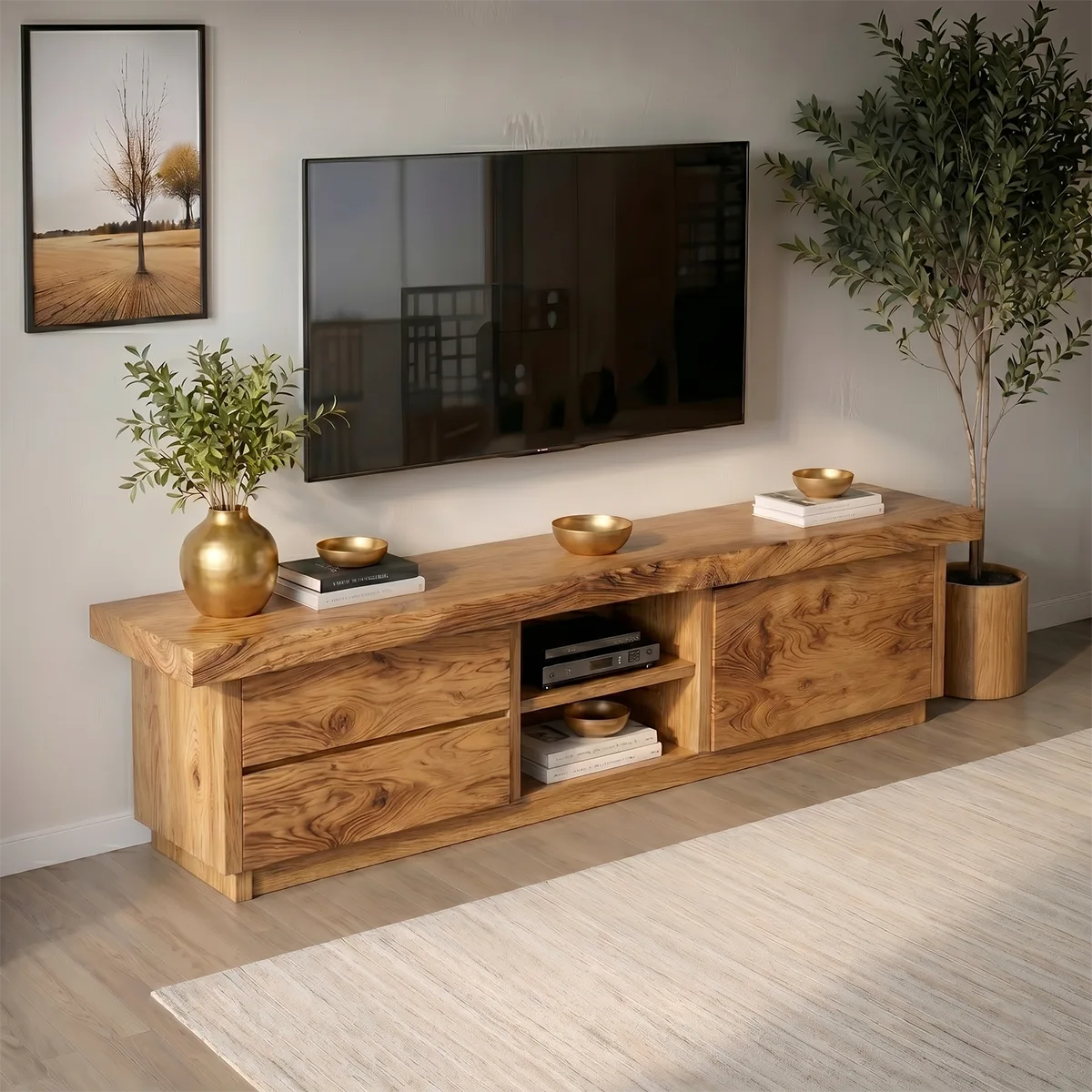 Modern Solid Wood Asymmetrical TV Stand with Mixed Storage