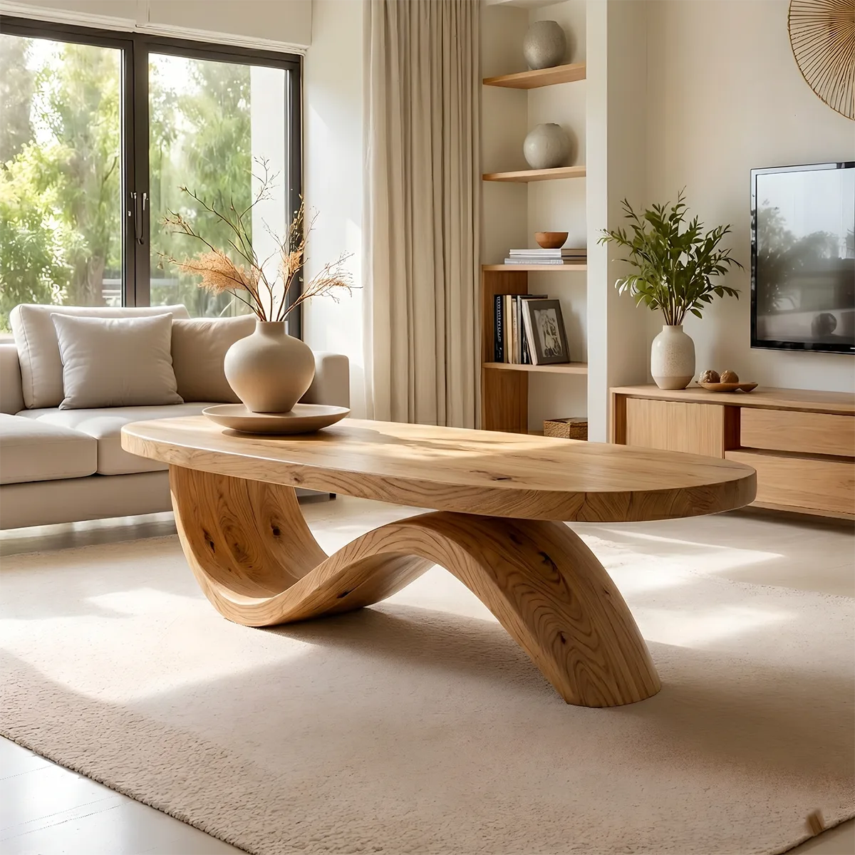 Modern Solid Wood Coffee Table with Artistic Wave Design