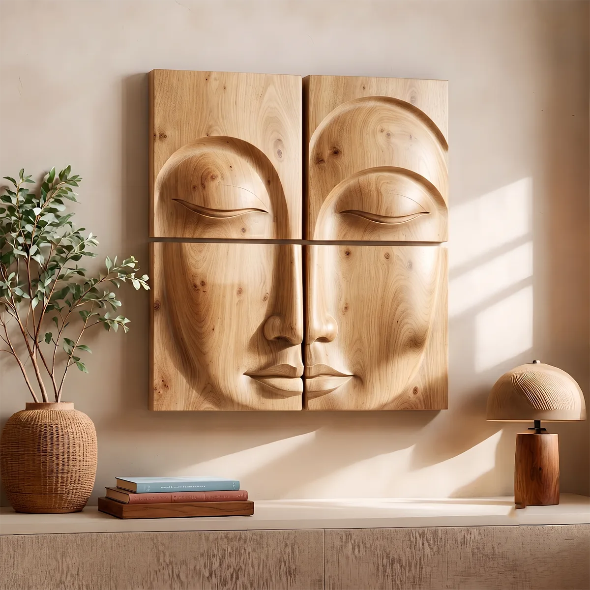 Abstract Wooden Face Wall Art | Large 4 Panel Hand Carved Wood Sculpture TT006-3622