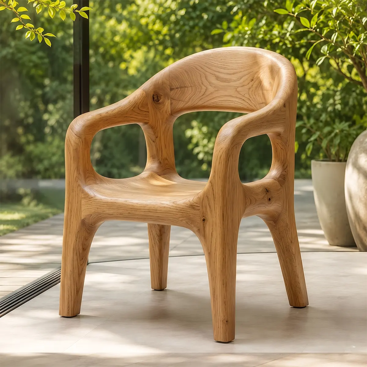 Organic Modern Wooden Dining Chair, Sculptural Solid Wood Accent Chair with Curved Arms TT006-2382