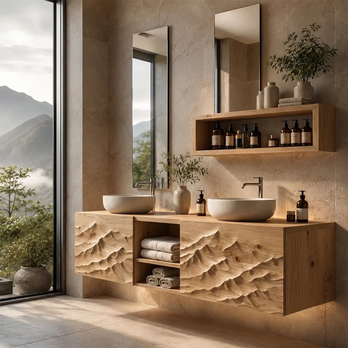 Mountain Landscape Floating Double Sink Bathroom Vanity TT006-8076