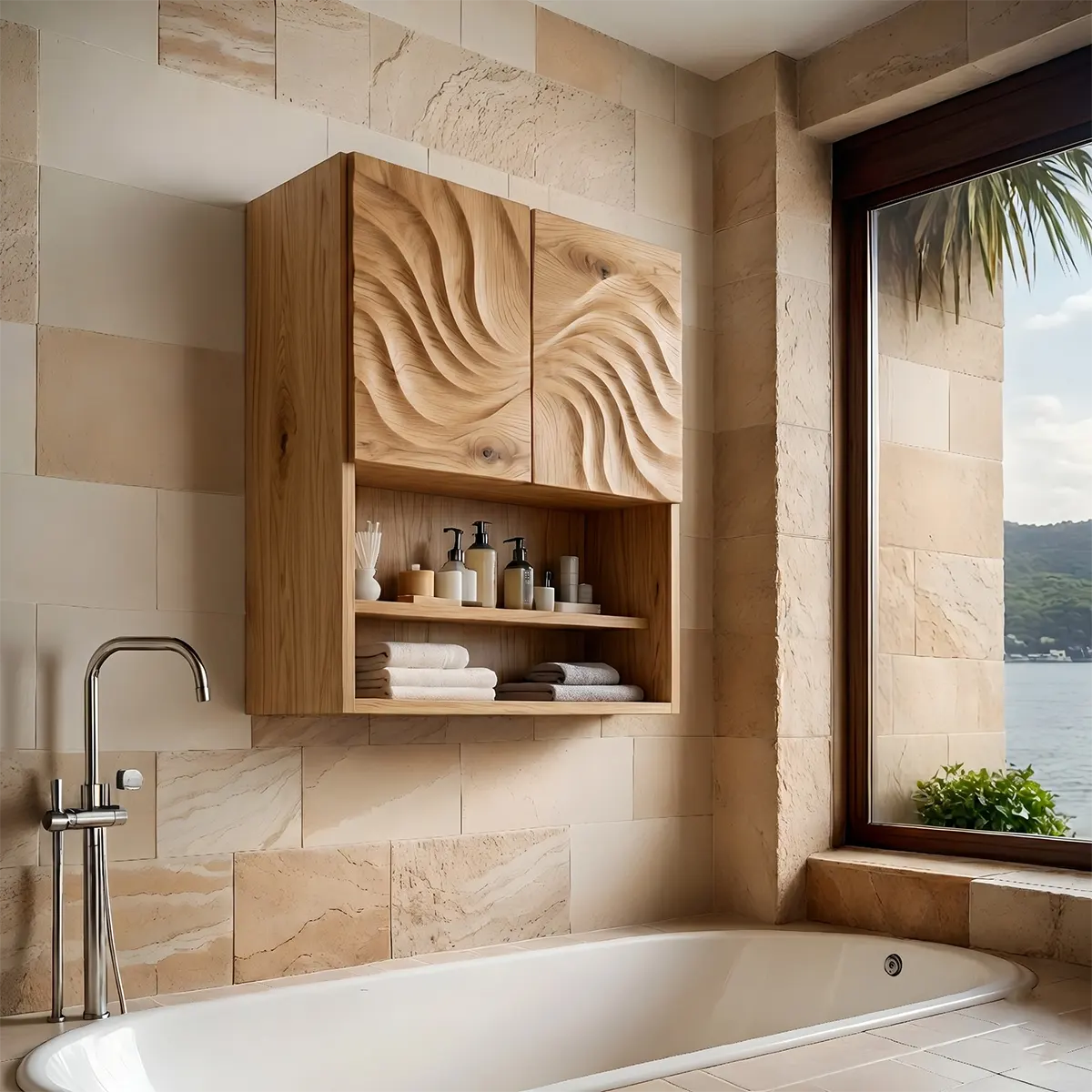 Handcrafted Solid Wood Bathroom Wall Storage Cabinet with Sculpted Door