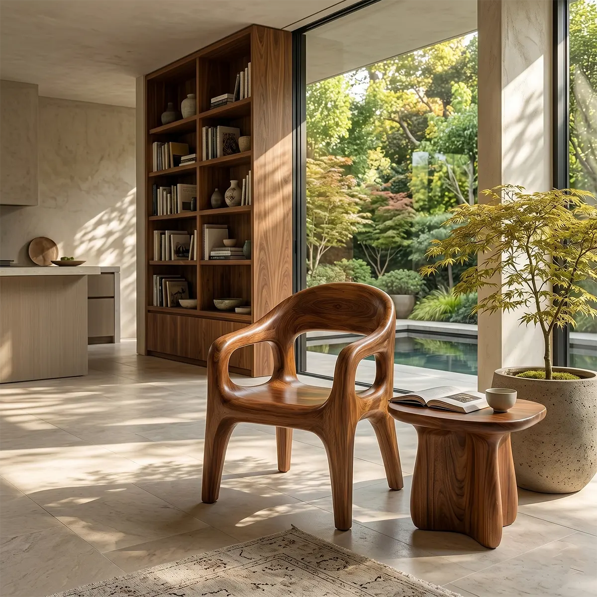 Organic Modern Wooden Dining Chair, Sculptural Solid Wood Accent Chair with Curved Arms TT006-2382