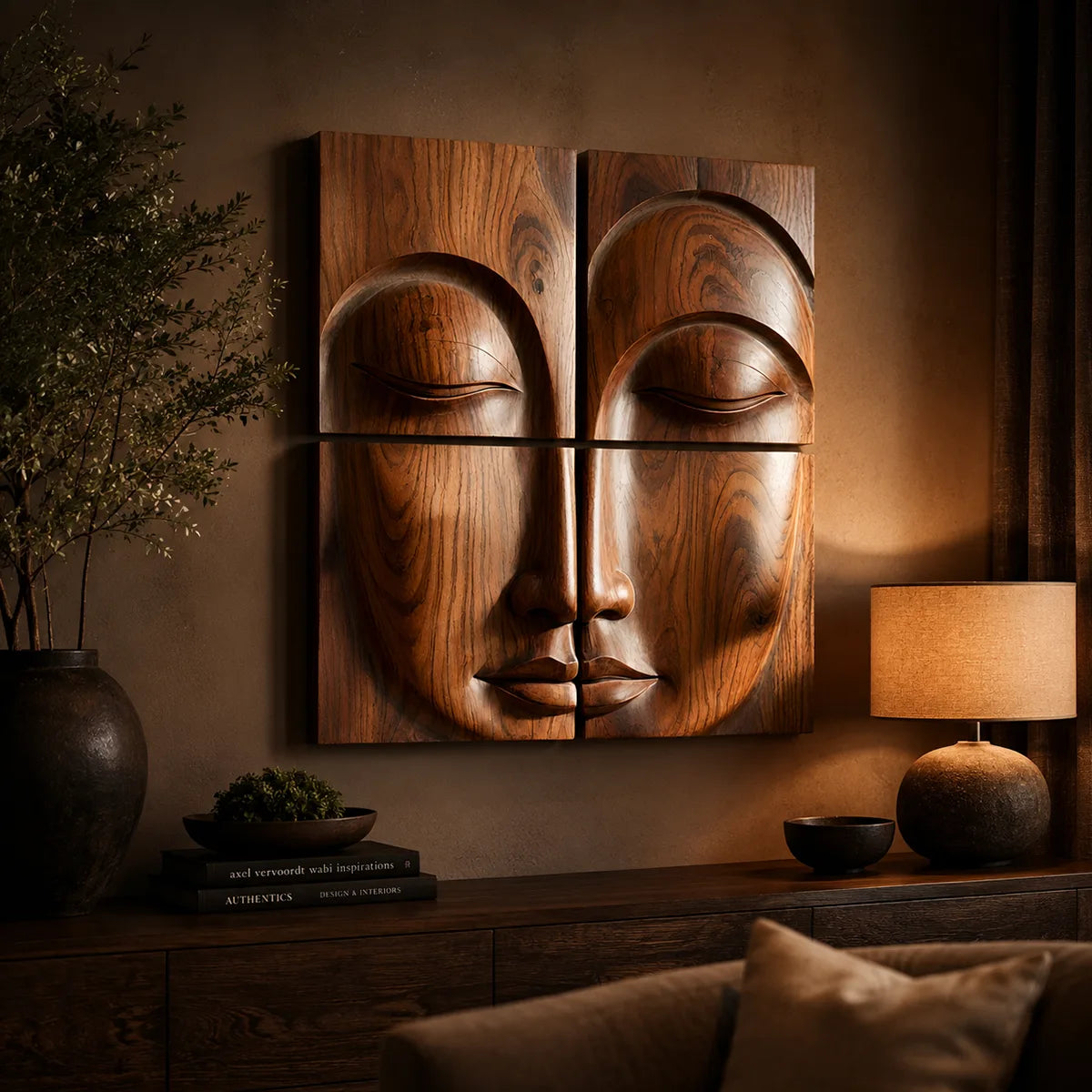 Abstract Wooden Face Wall Art | Large 4 Panel Hand Carved Wood Sculpture TT006-3622