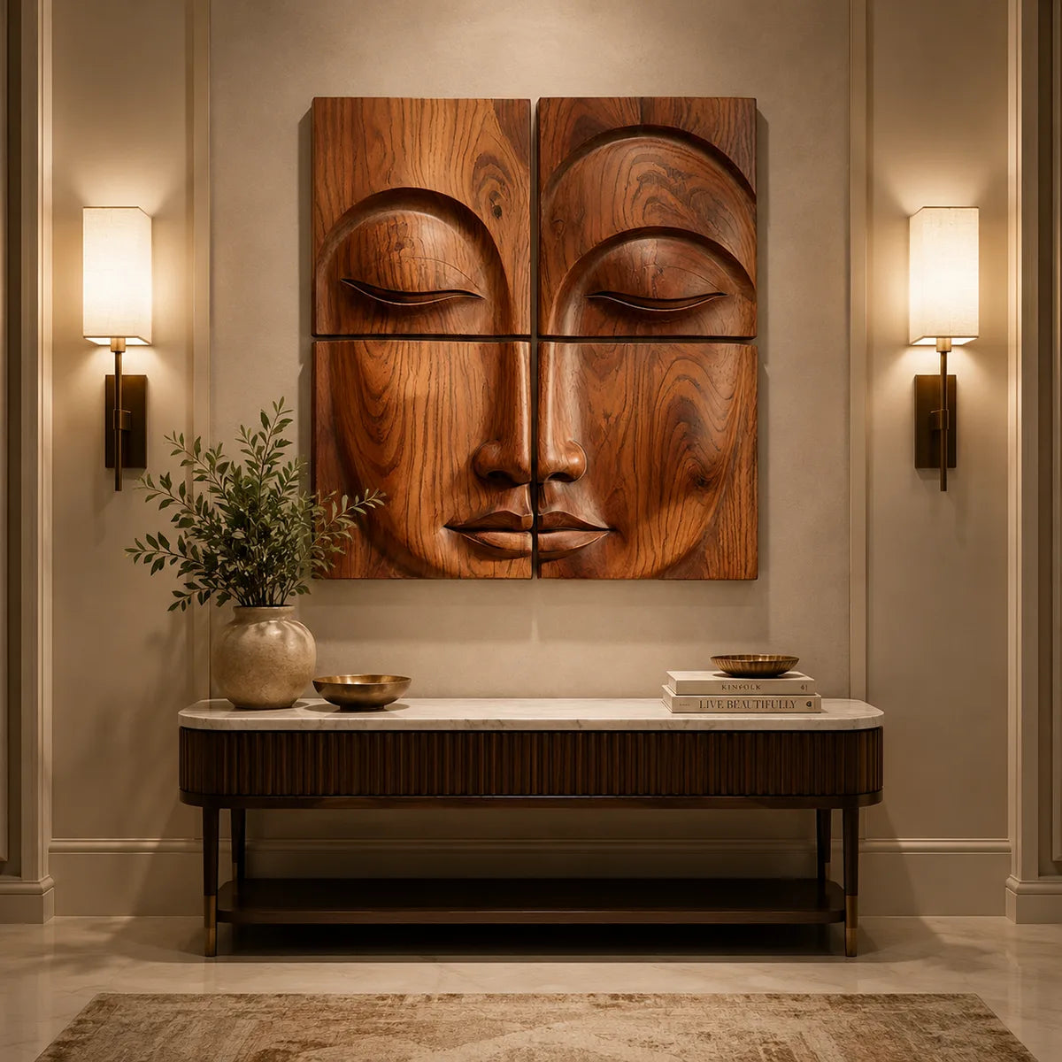 Abstract Wooden Face Wall Art | Large 4 Panel Hand Carved Wood Sculpture TT006-3622