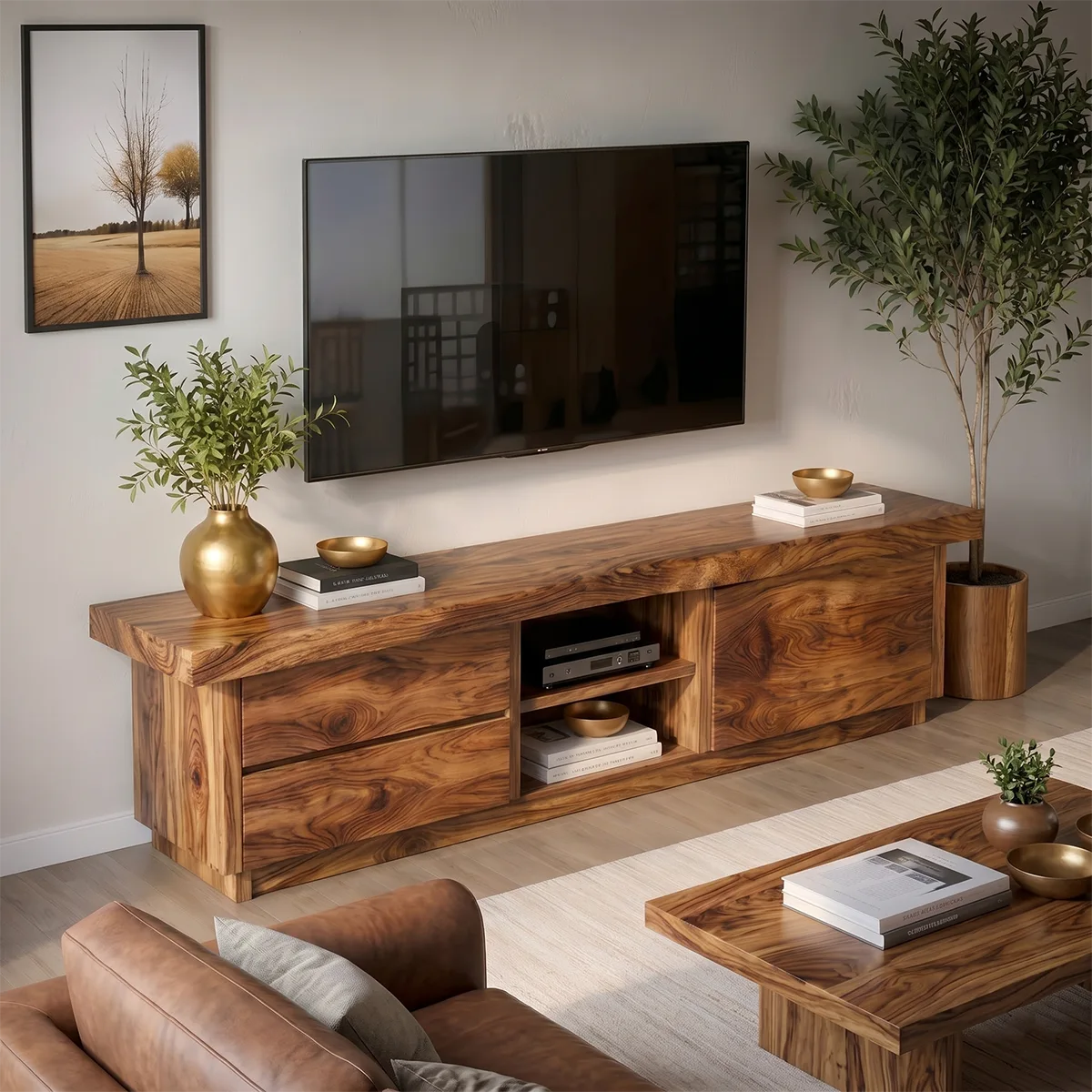 Modern Solid Wood Asymmetrical TV Stand with Mixed Storage