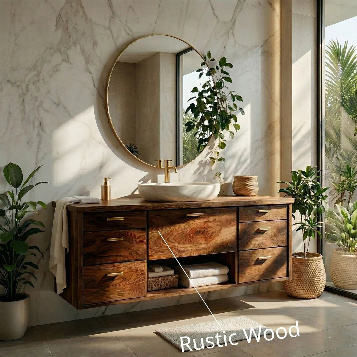Floating Solid Wood Bathroom Vanity with 7 Drawers and Open Center Shelf