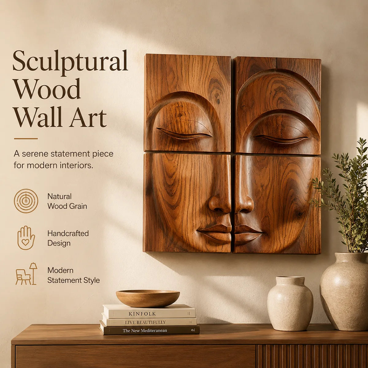 Abstract Wooden Face Wall Art | Large 4 Panel Hand Carved Wood Sculpture TT006-3622