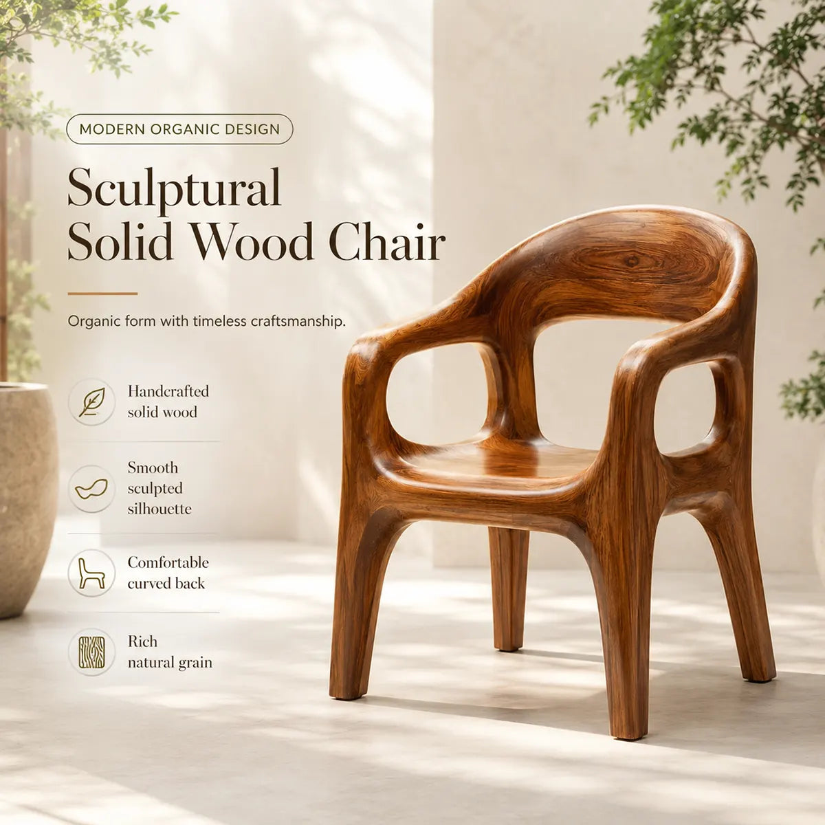Organic Modern Wooden Dining Chair, Sculptural Solid Wood Accent Chair with Curved Arms TT006-2382