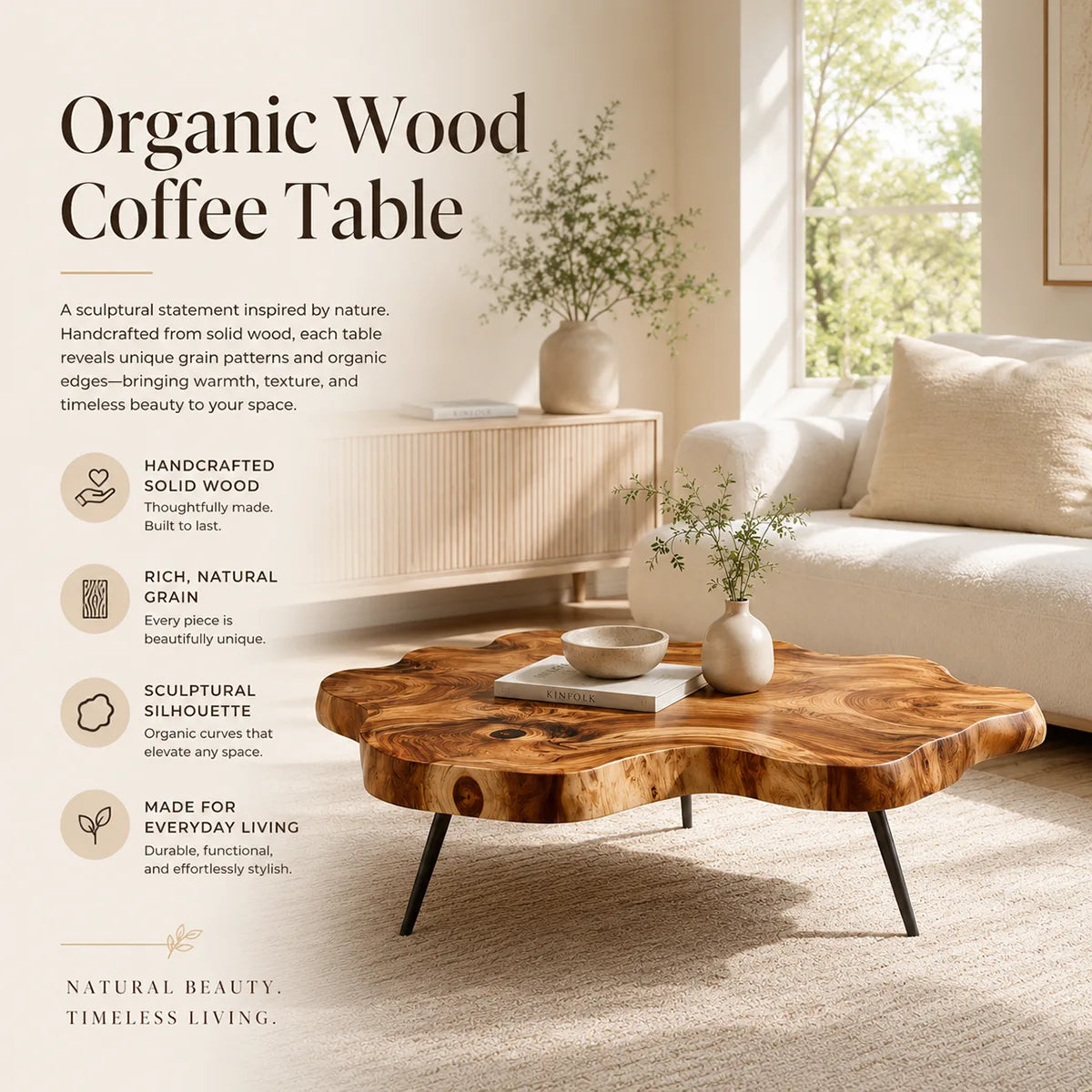 Organic Live Edge Solid Wood Coffee Table | Freeform Natural Wood Coffee Table TT006-5169