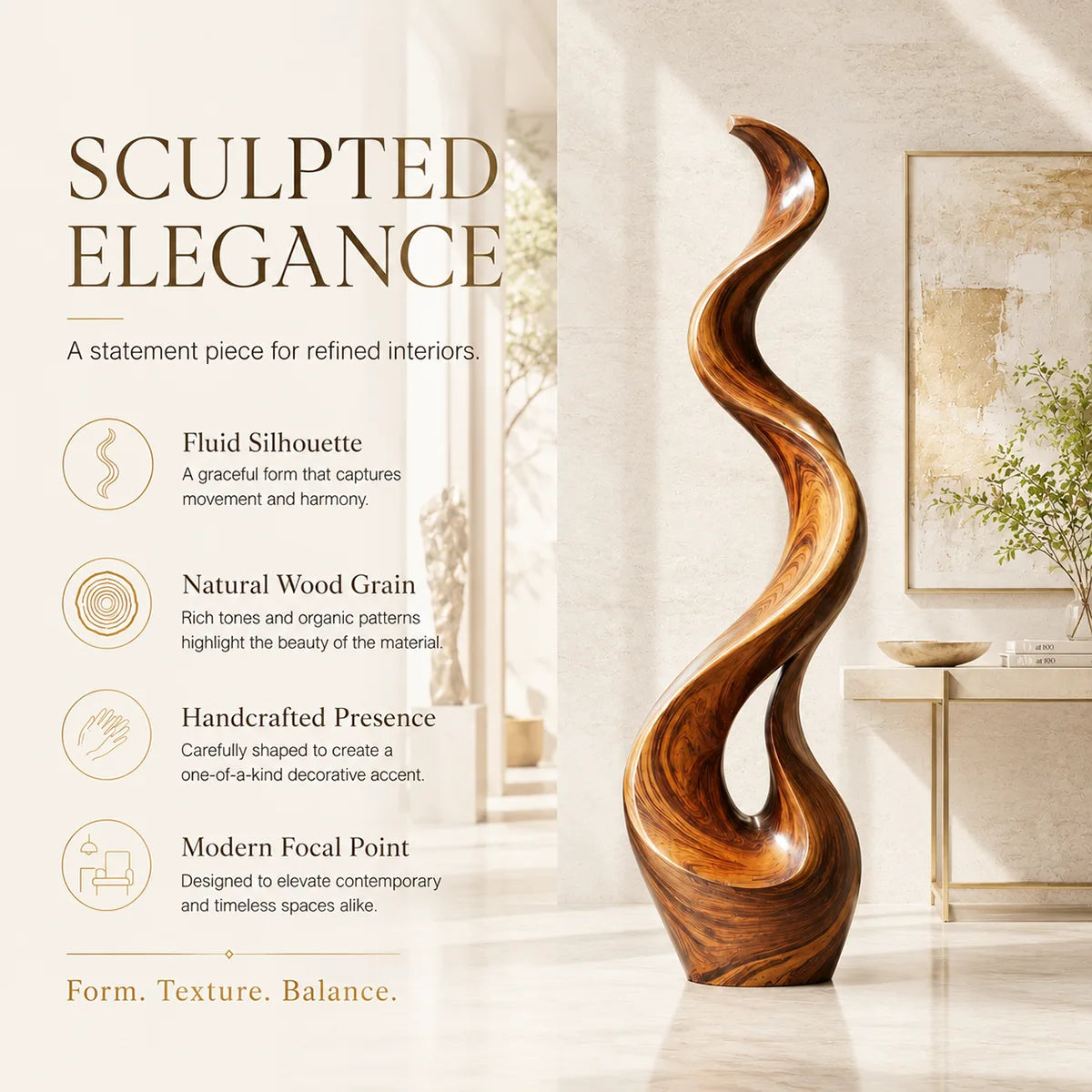 Handcrafted Solid Wood Wave Floor Sculpture – Sculptural Organic Statement Art TT006-5723
