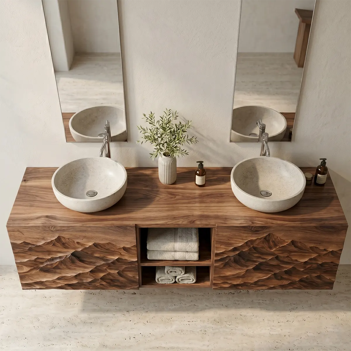 Mountain Landscape Floating Double Sink Bathroom Vanity TT006-8076