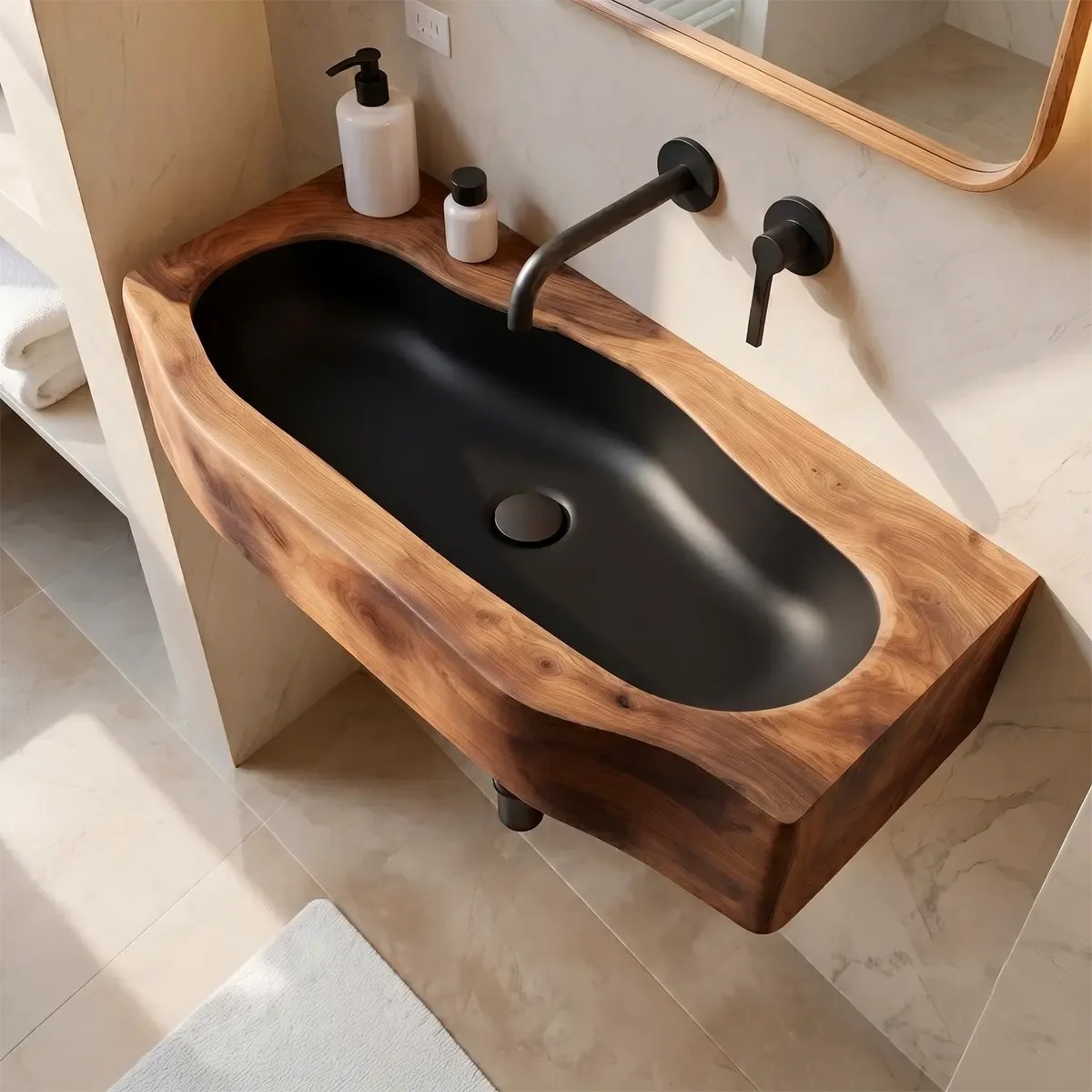 Integrated Wall Mounted Bathroom Sink | Elongated Floating Basin with Curved Edge TT006-3YIZ5ZH