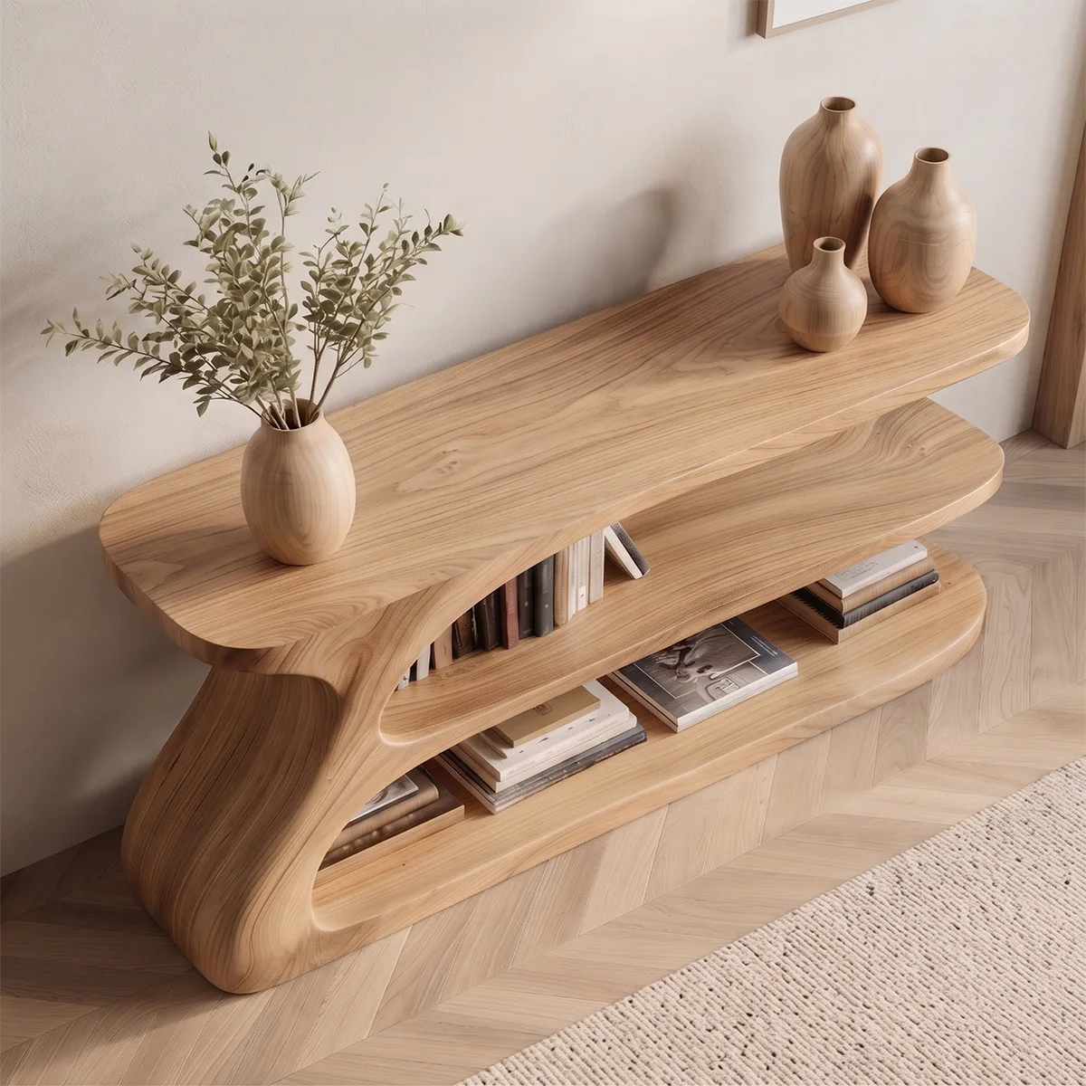 Organic Modern Console Table with Open Shelves, Sculptural Wooden Entryway Console for Living Room HL020-4246