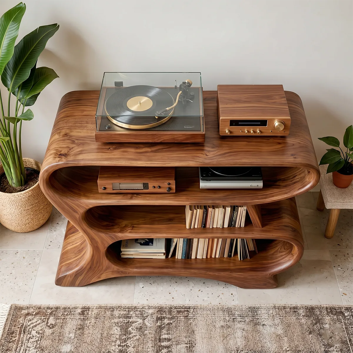 Solid Wood Record Player Stand, Wave-Shaped Curved Vinyl Storage Cabinet