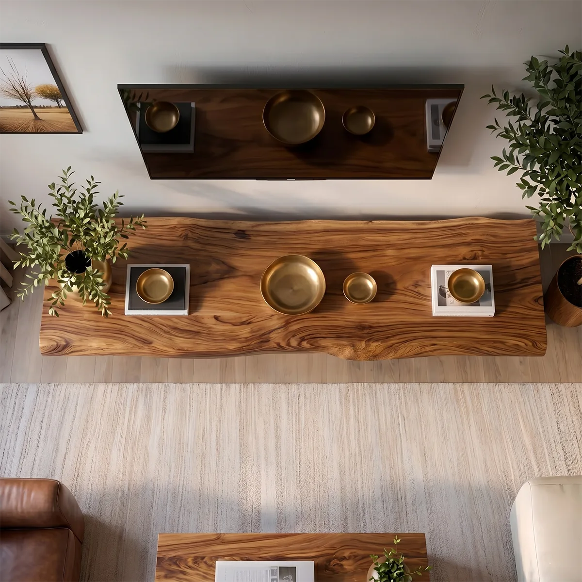 Modern Solid Wood Asymmetrical TV Stand with Mixed Storage