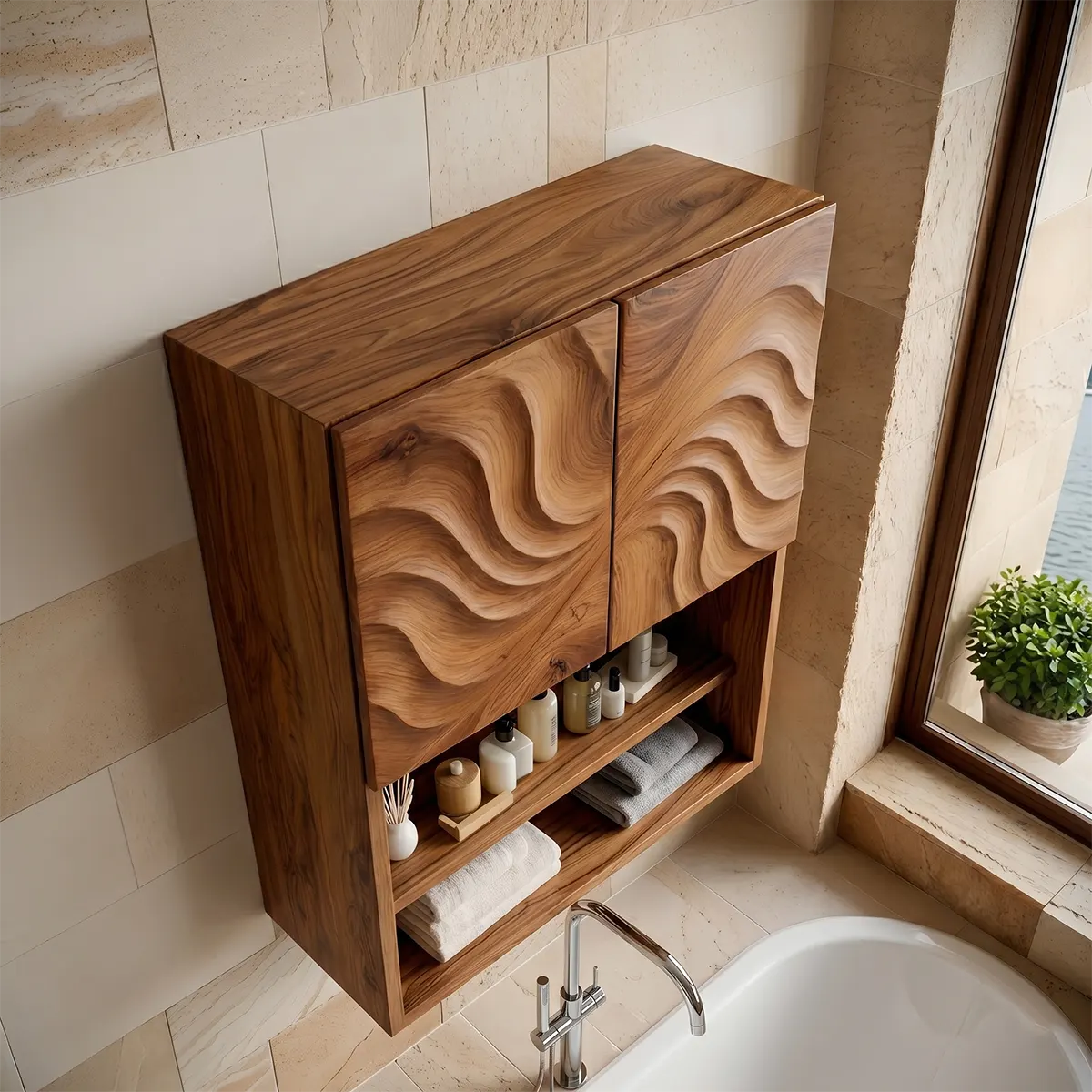 Handcrafted Solid Wood Bathroom Wall Storage Cabinet with Sculpted Door