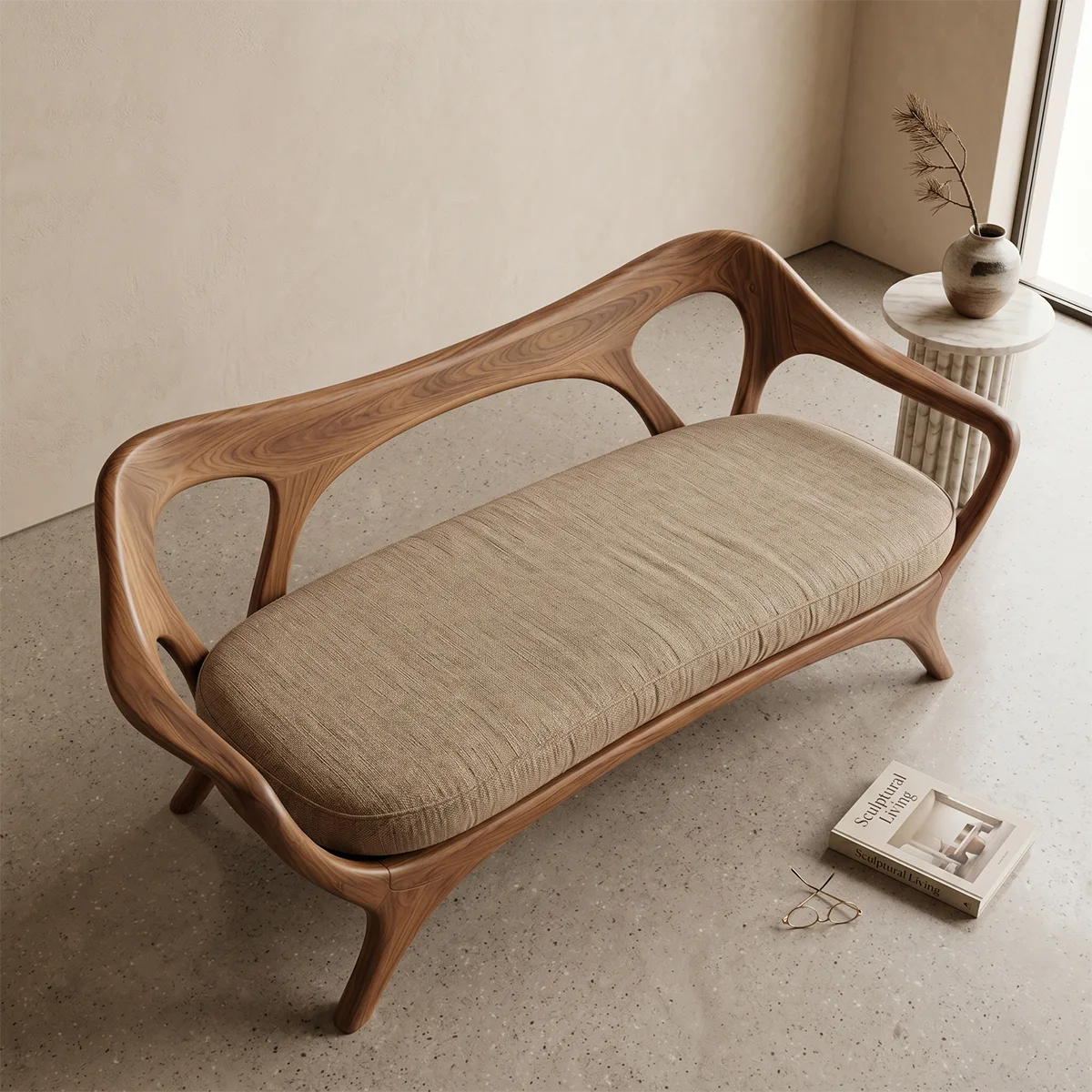 Luxury Organic Modern Outdoor Solid Wood Sofa with Sculptural Backrest