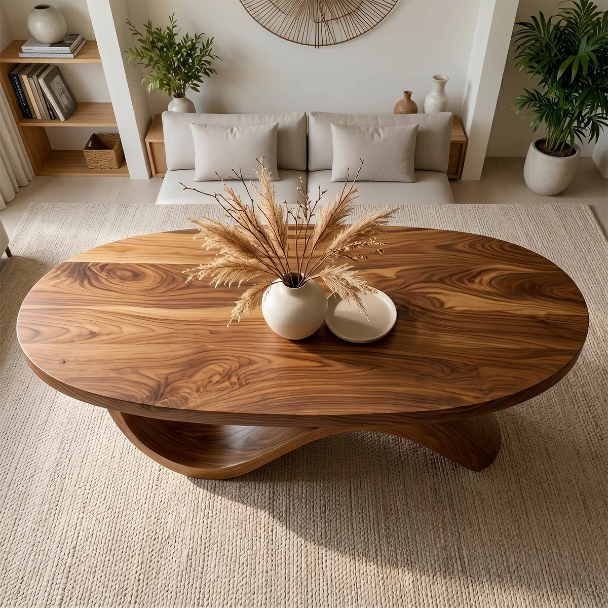 Modern Solid Wood Coffee Table with Artistic Wave Design