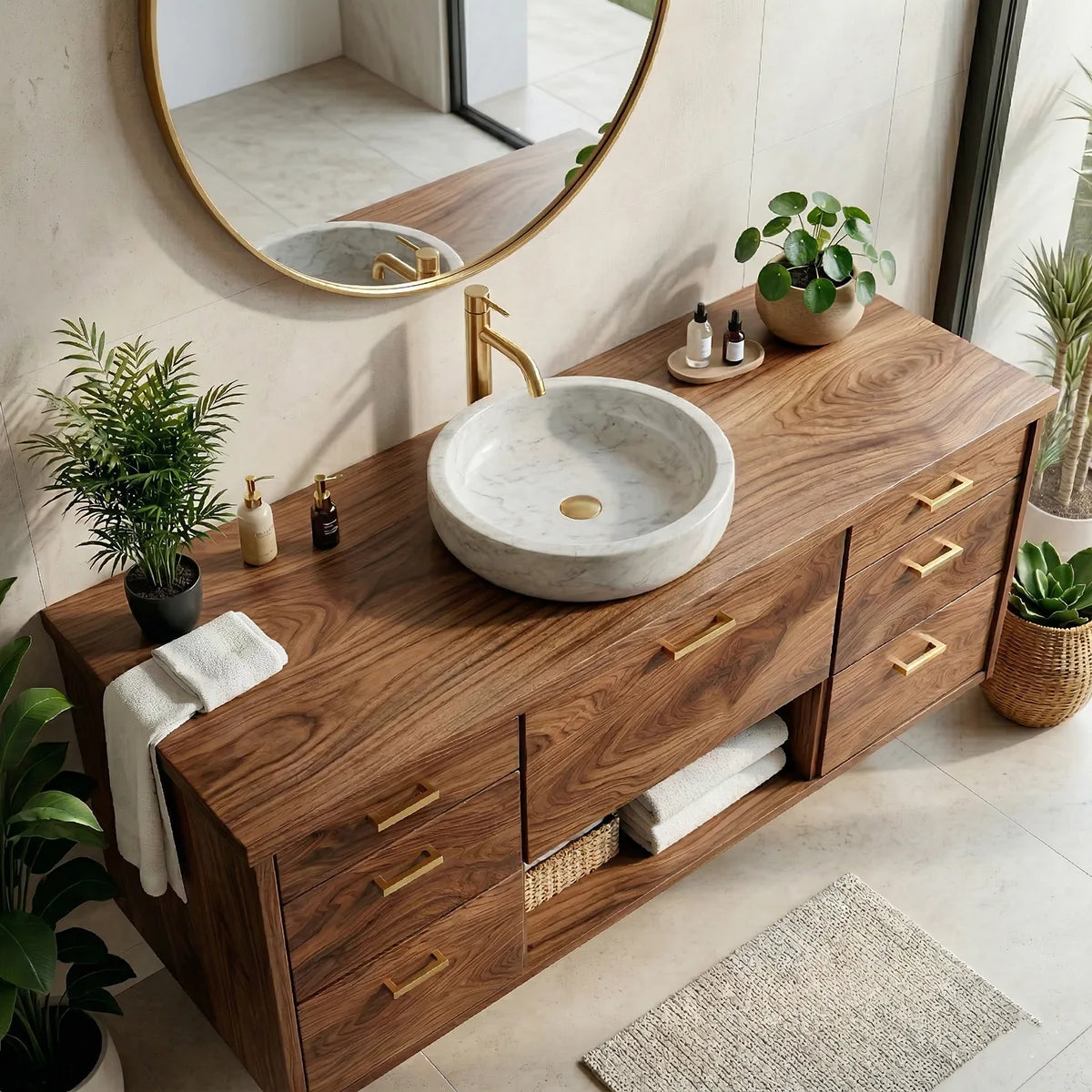 Floating Solid Wood Bathroom Vanity with 7 Drawers and Open Center Shelf