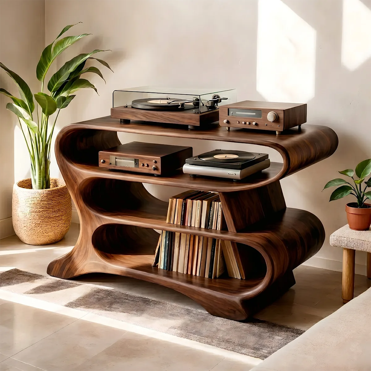 Solid Wood Record Player Stand, Wave-Shaped Curved Vinyl Storage Cabinet