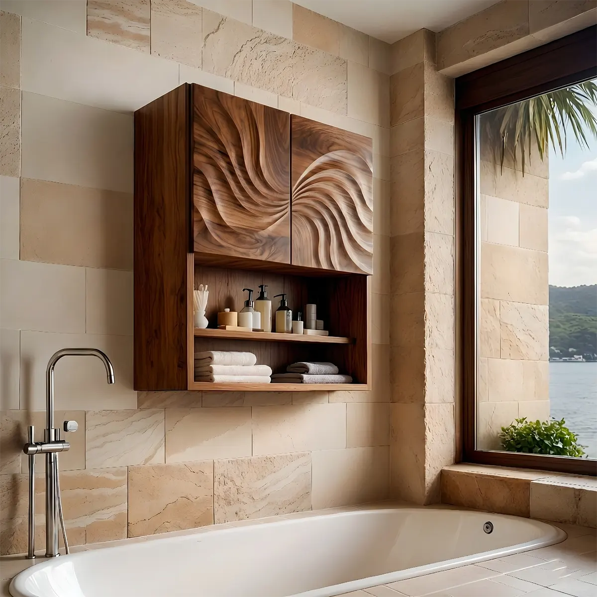 Handcrafted Solid Wood Bathroom Wall Storage Cabinet with Sculpted Door