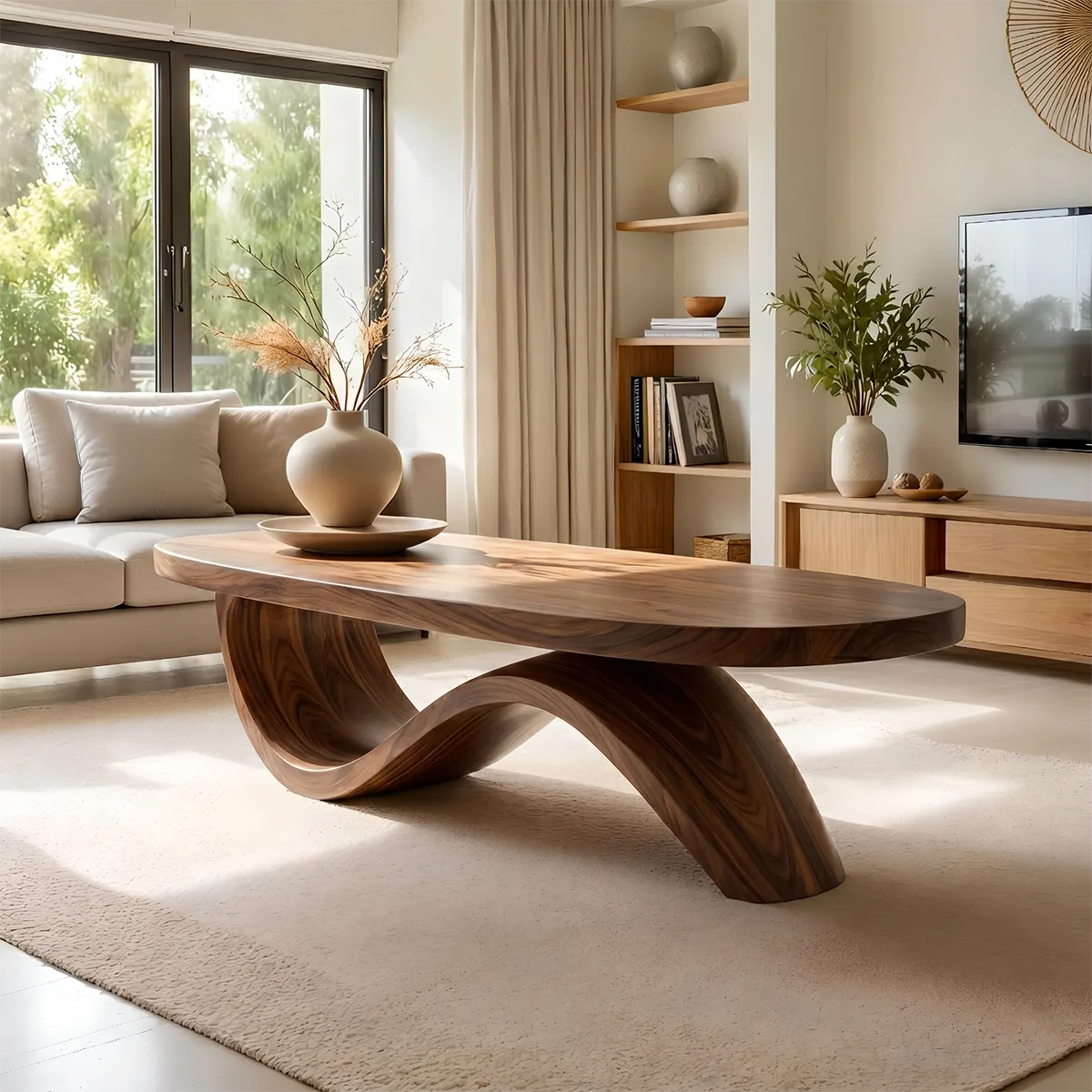 Modern Solid Wood Coffee Table with Artistic Wave Design