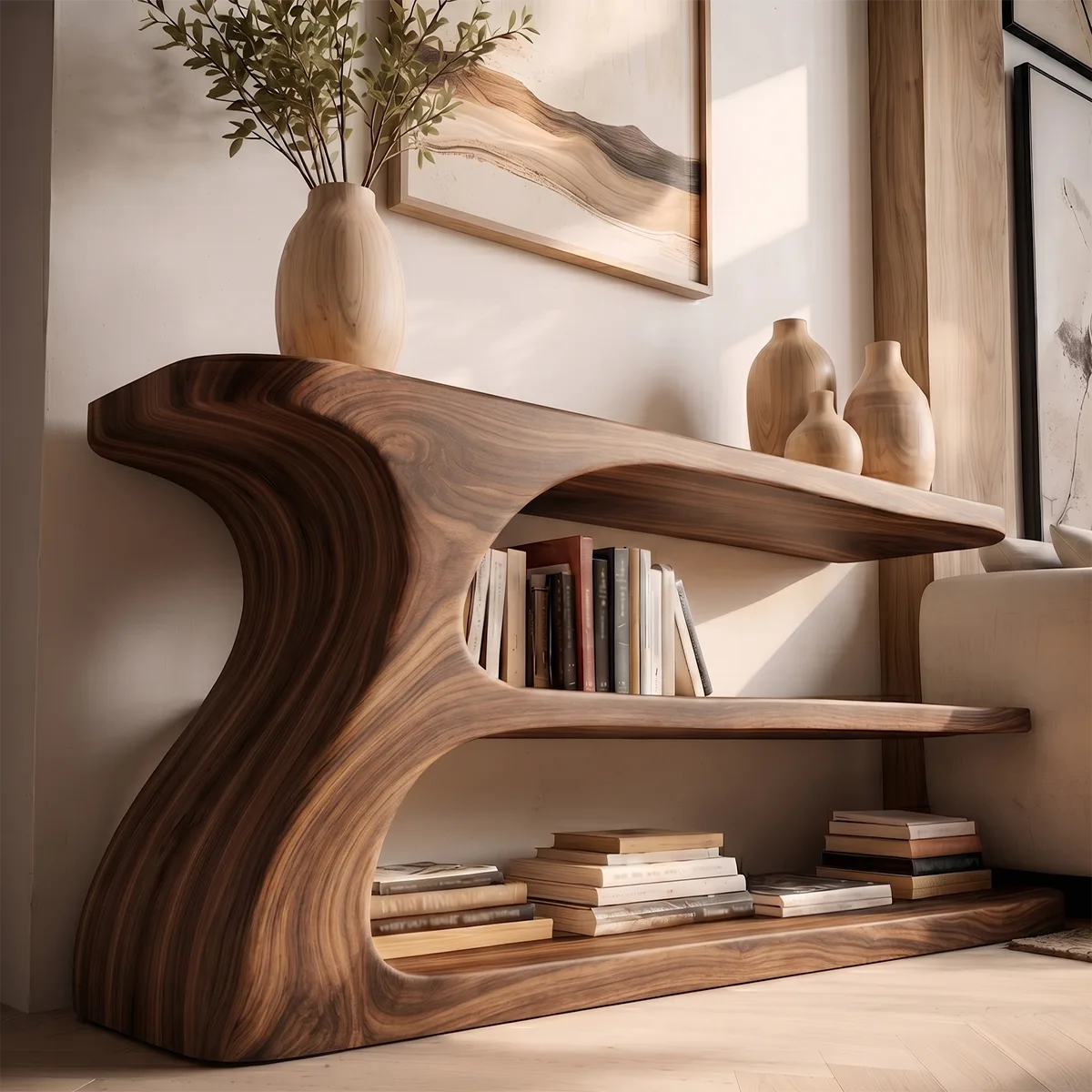 Organic Modern Console Table with Open Shelves, Sculptural Wooden Entryway Console for Living Room HL020-4246