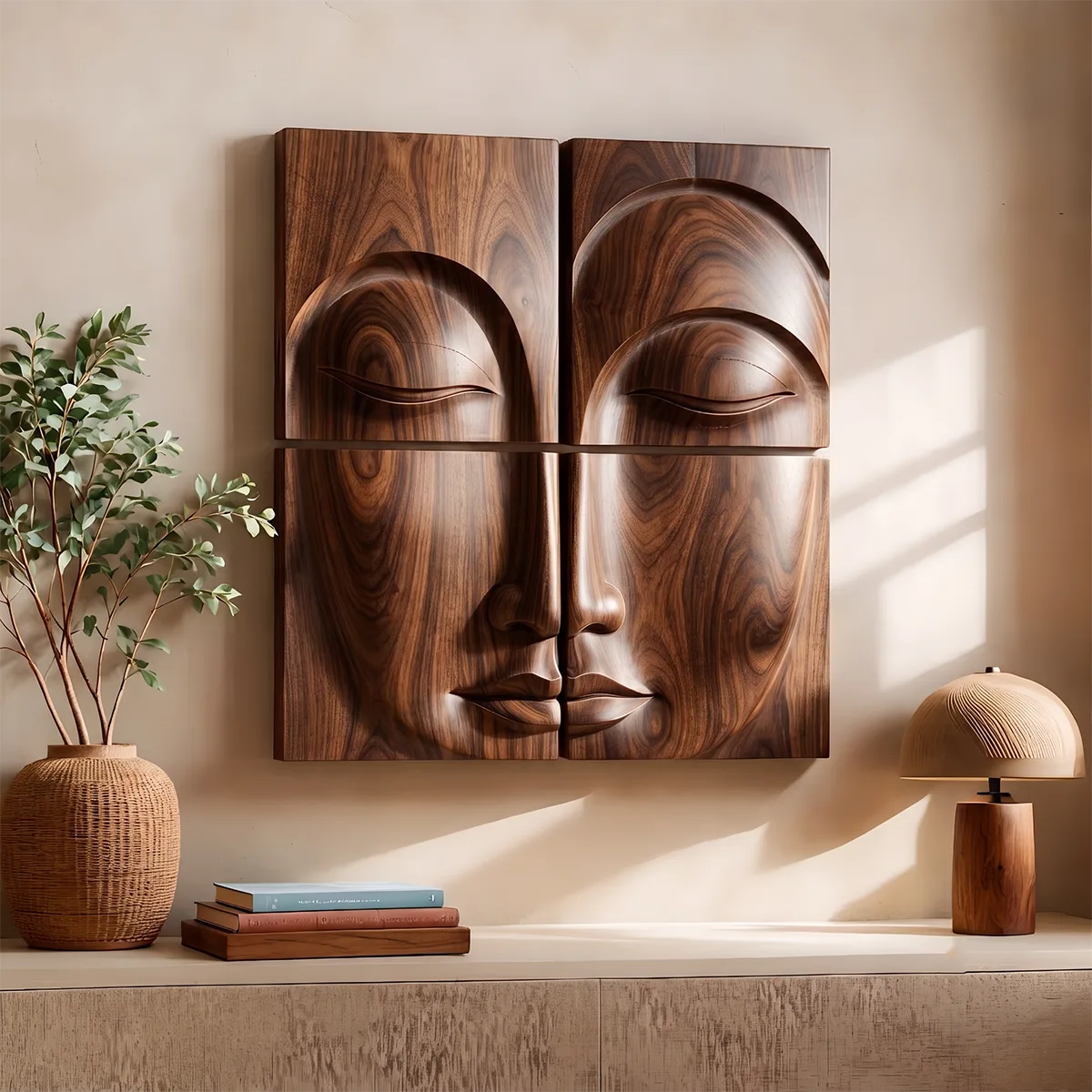 Abstract Wooden Face Wall Art | Large 4 Panel Hand Carved Wood Sculpture TT006-3622