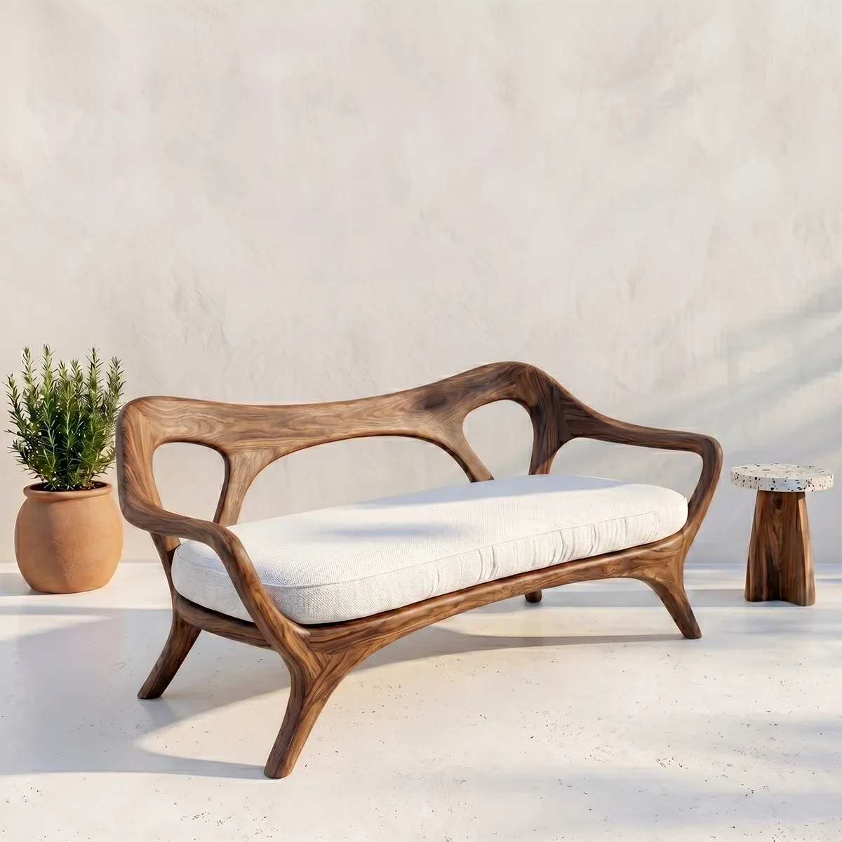 Luxury Organic Modern Outdoor Solid Wood Sofa with Sculptural Backrest