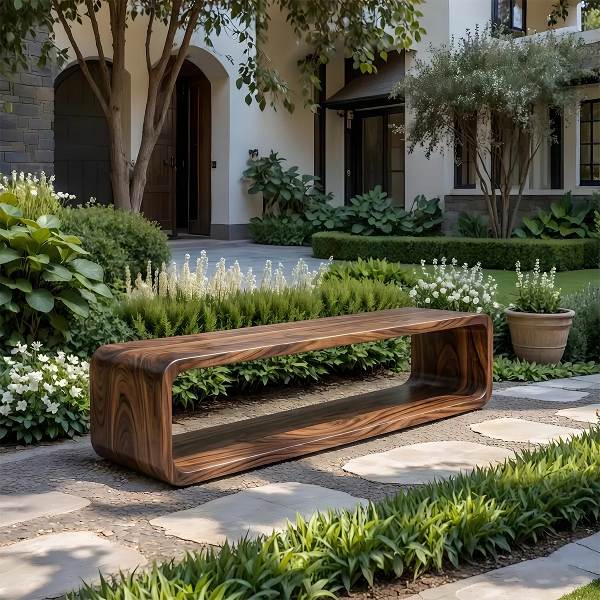 Handcrafted Solid Wood Outdoor Bench Loop Frame Sculptural Patio Garden Bench