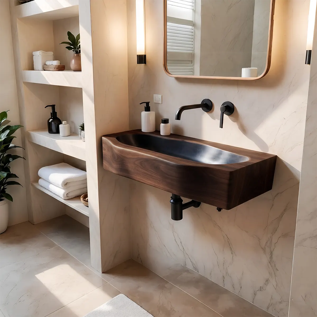 Integrated Wall Mounted Bathroom Sink | Elongated Floating Basin with Curved Edge TT006-3YIZ5ZH