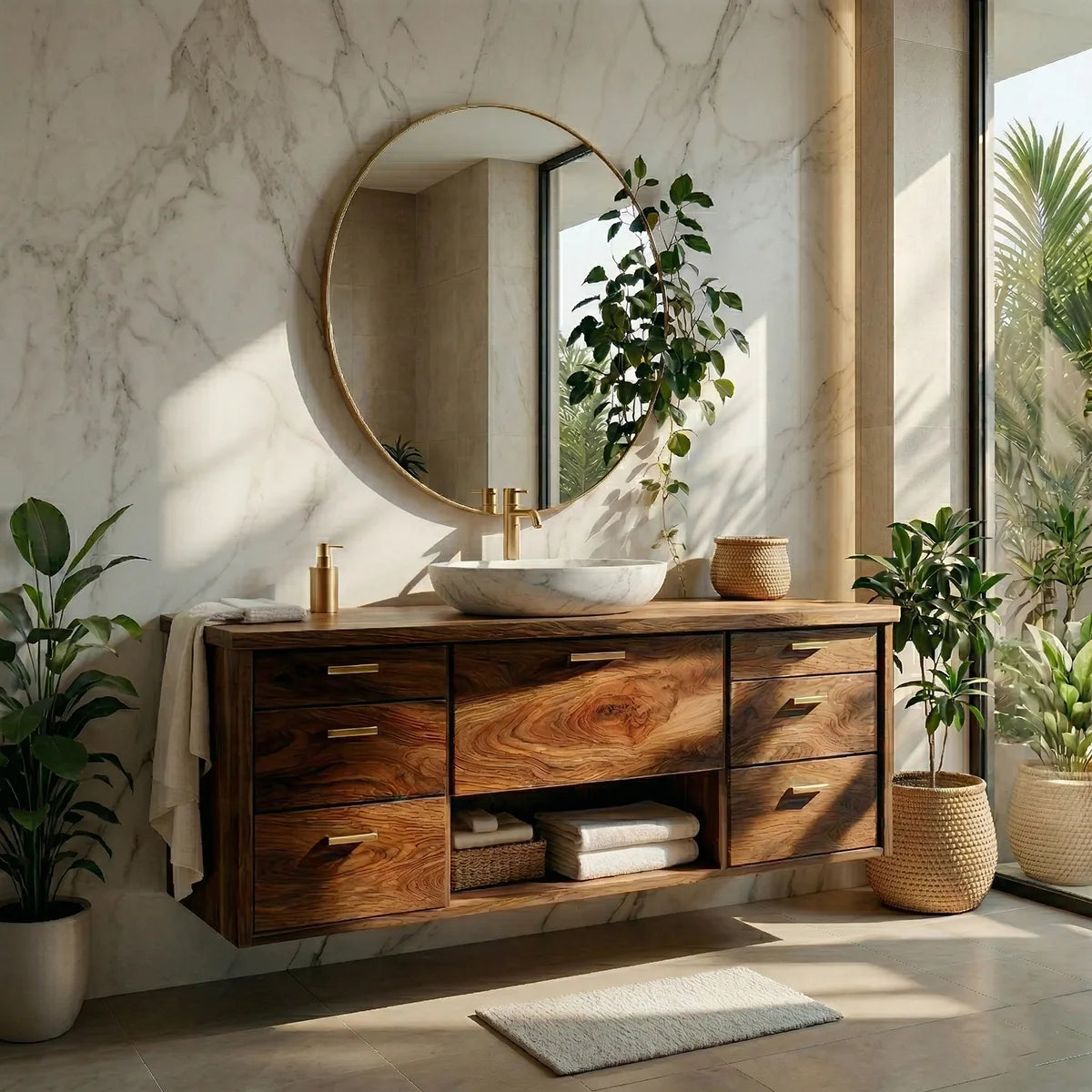 Floating Solid Wood Bathroom Vanity with 7 Drawers and Open Center Shelf
