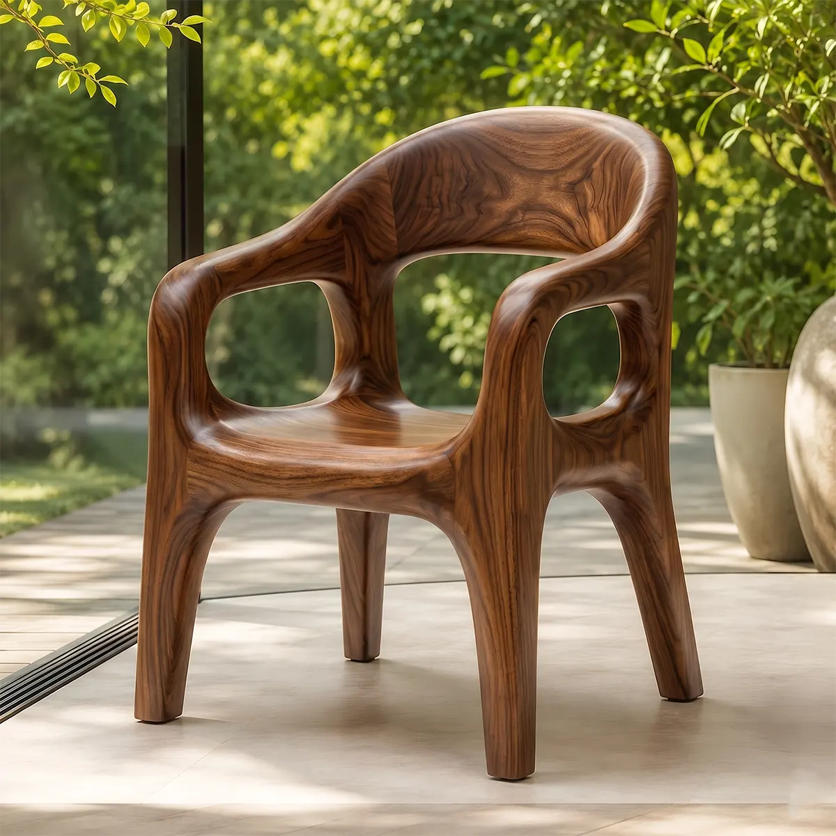 Organic Modern Wooden Dining Chair, Sculptural Solid Wood Accent Chair with Curved Arms TT006-2382