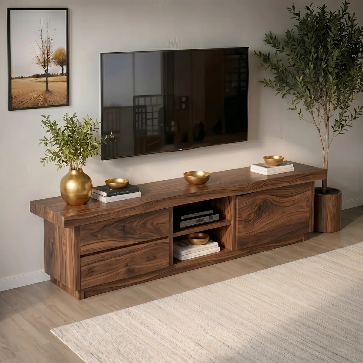 Modern Solid Wood Asymmetrical TV Stand with Mixed Storage
