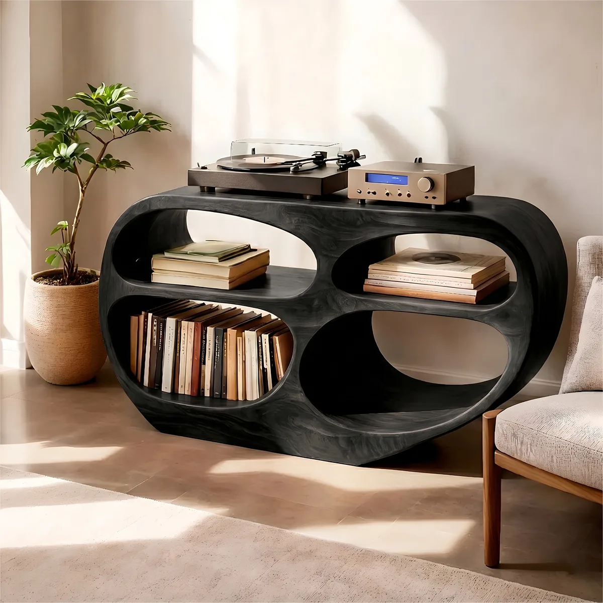 Solid Wood Record Player Stand, Modern Vinyl Storage Console with Open Shelves