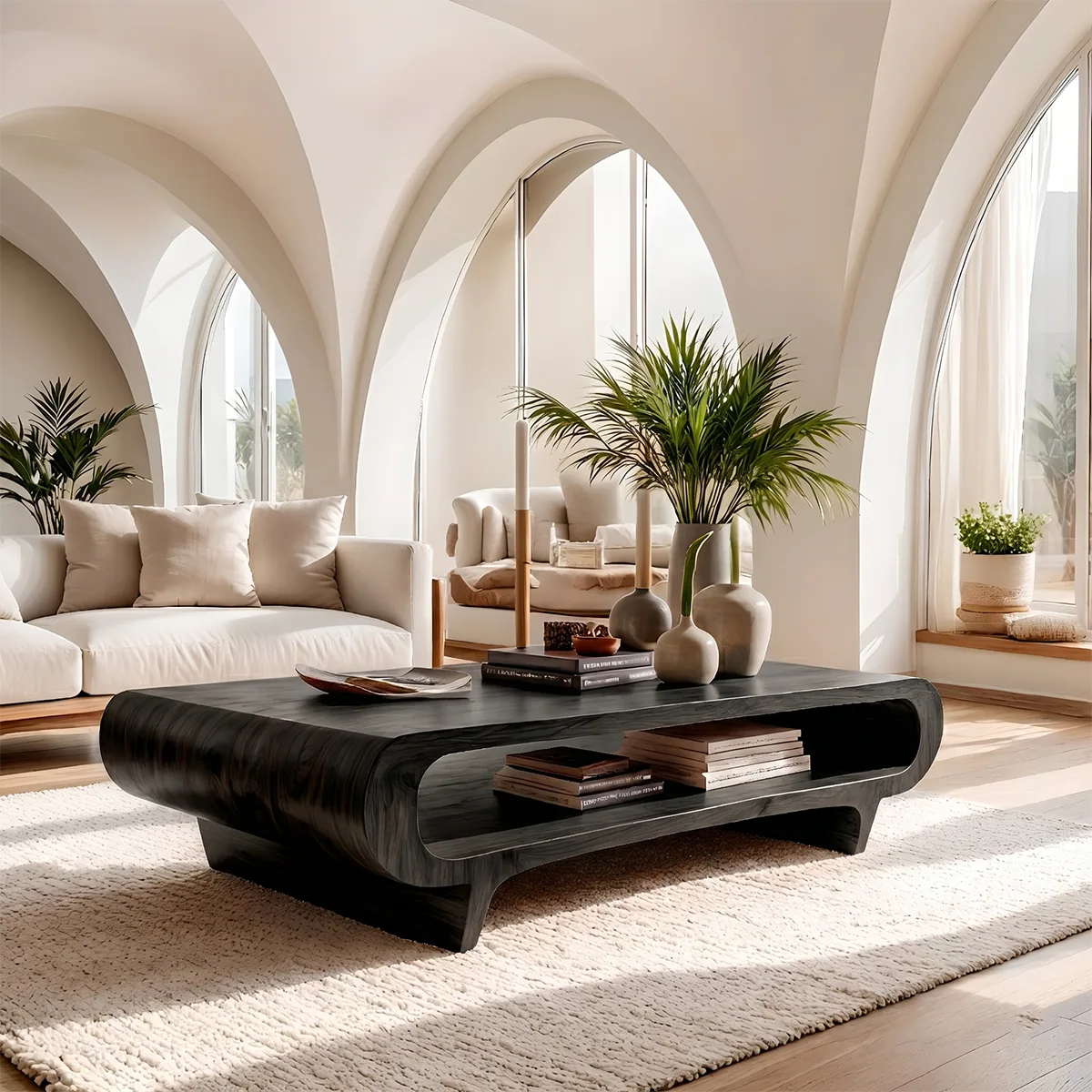 Handcrafted Solid Wood Coffee Table with Oval Silhouette and Open Storage