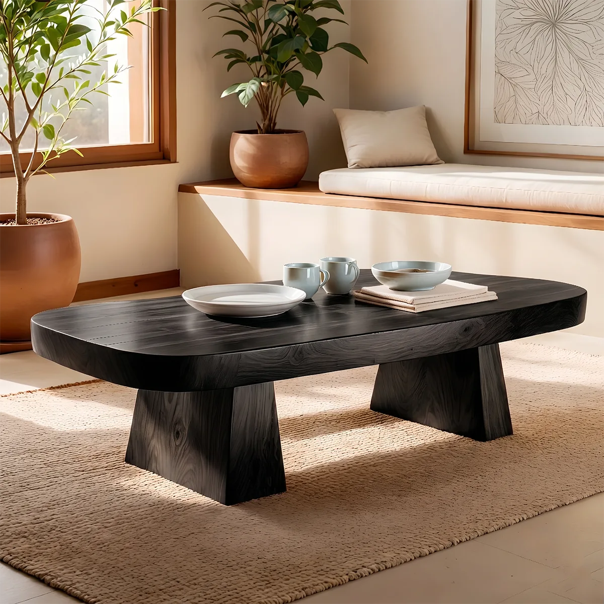 Modern Solid Wood Coffee Table | Minimalist Rectangular Hardwood Coffee Table for Living Room TT006-4042