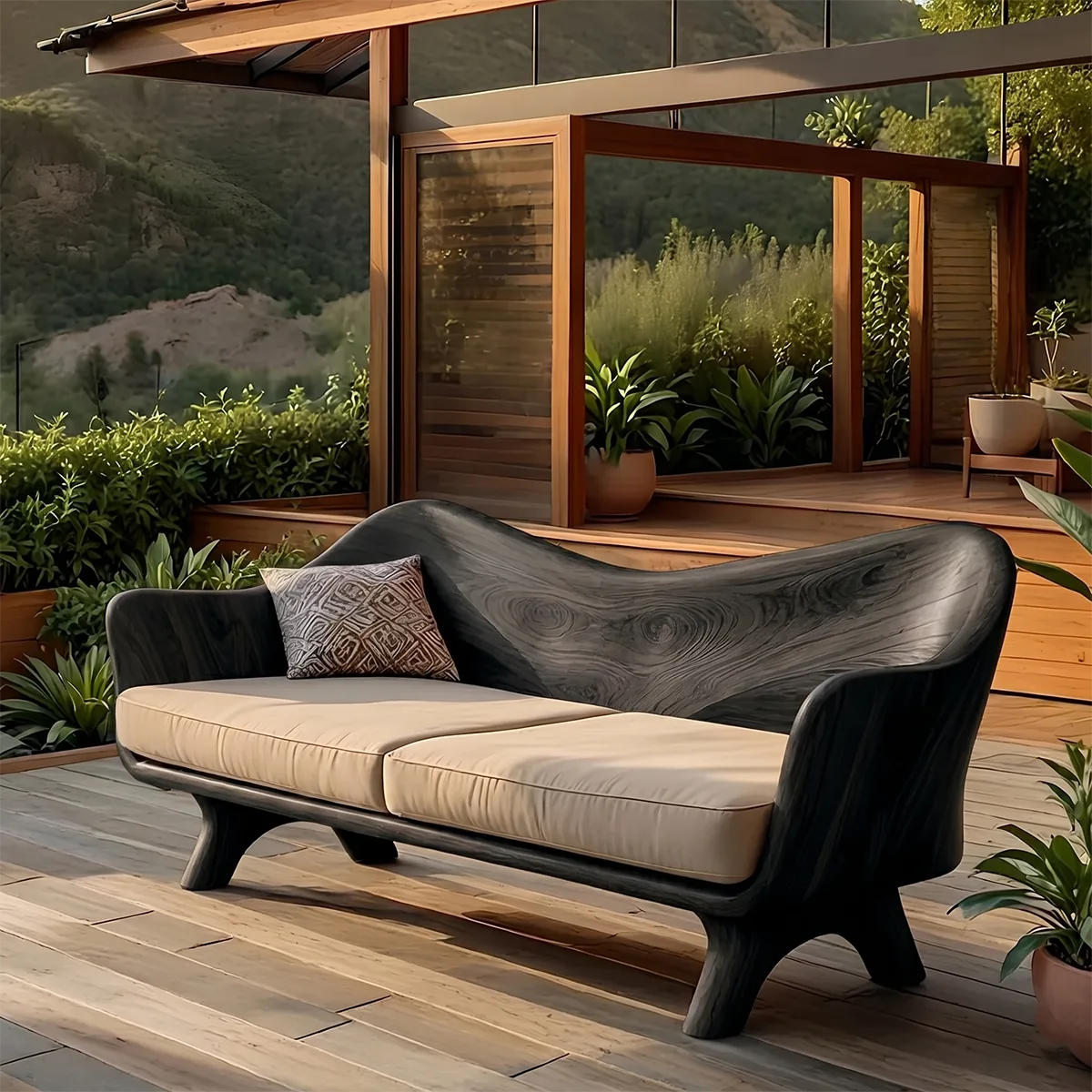 Luxury Organic Modern Outdoor Wooden Sofa with Sculptural Curved Frame